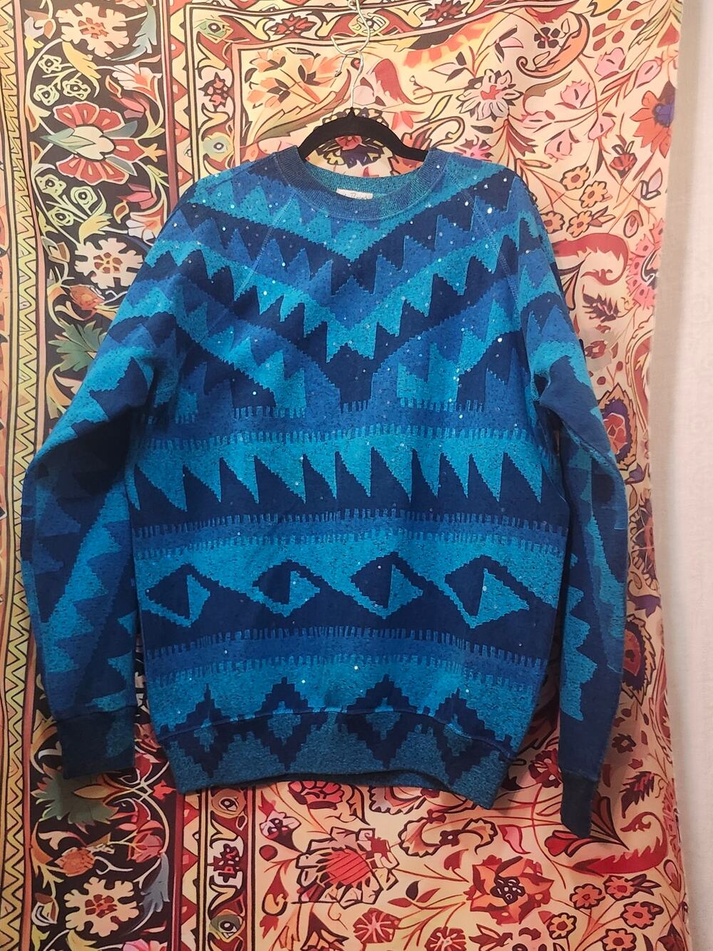Vintage womens  Sequined Blue Wave Print Sweatshirt Crewneck Long Sleeve